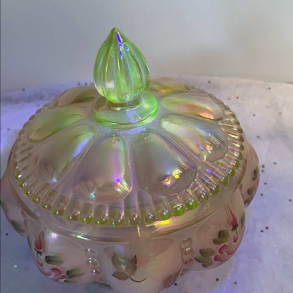 Fenton Art glass, roses, Iridized sunset needed melon powder box. Lid glows!